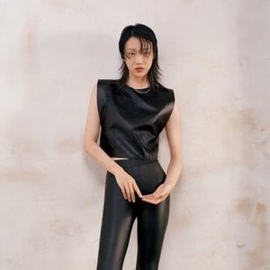 New Zara FAUX LEATHER SHOULDER PAD SHIRT sz L